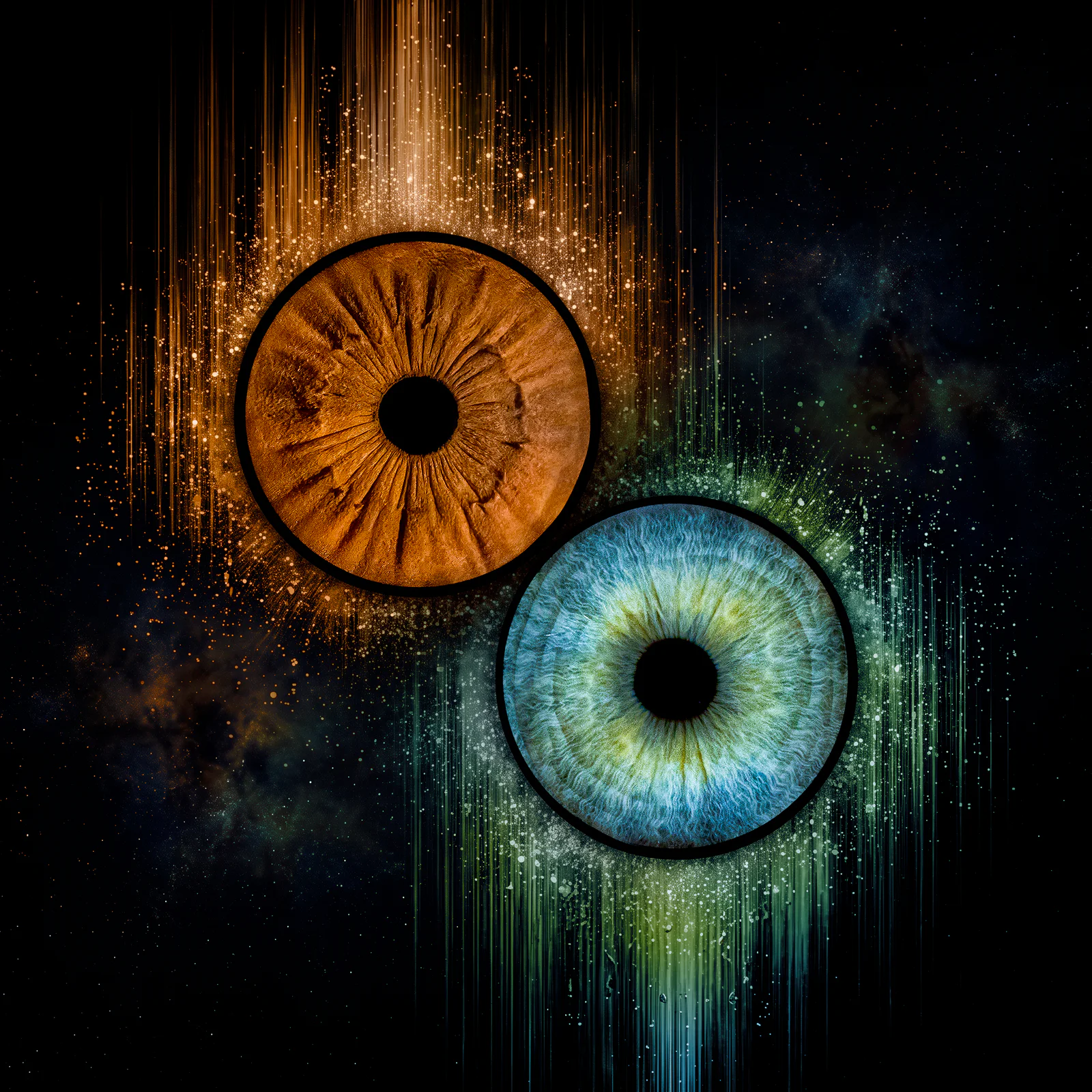 Deux iris orange et bleu avec un effet de particules lumineuses