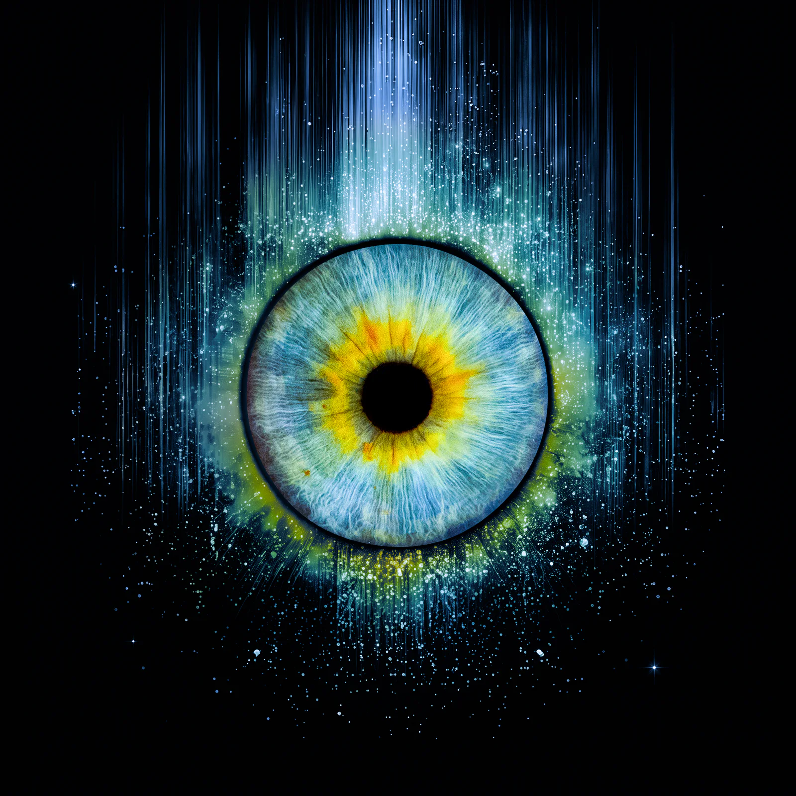 Iris bleu et jaune avec un effet de particules et de traînées lumineuses